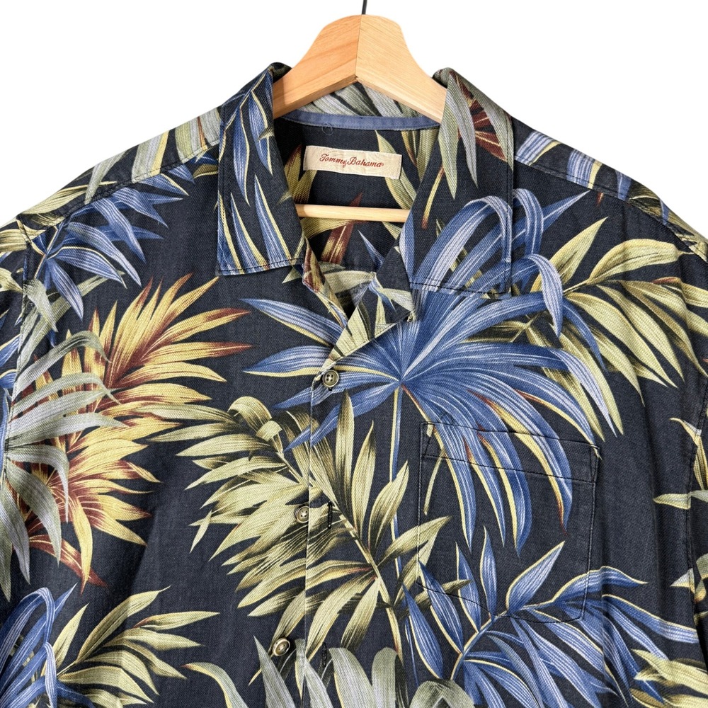 Tommy Bahama Mens XL Silk Cotton Tropical Palm Leaf Print Camp Shirt Black Blue